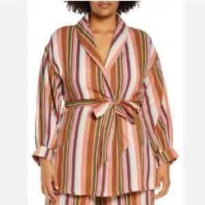 Nordstrom Striped‎ Multicolor Wrap Jacket 1X Cotton Gauze Belted